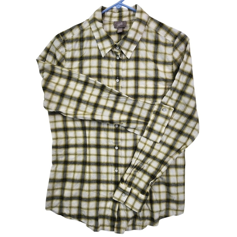 J. Jill Green Plaid Button Down Shirt Long Sleeve Cotton Classic Cottagecore M